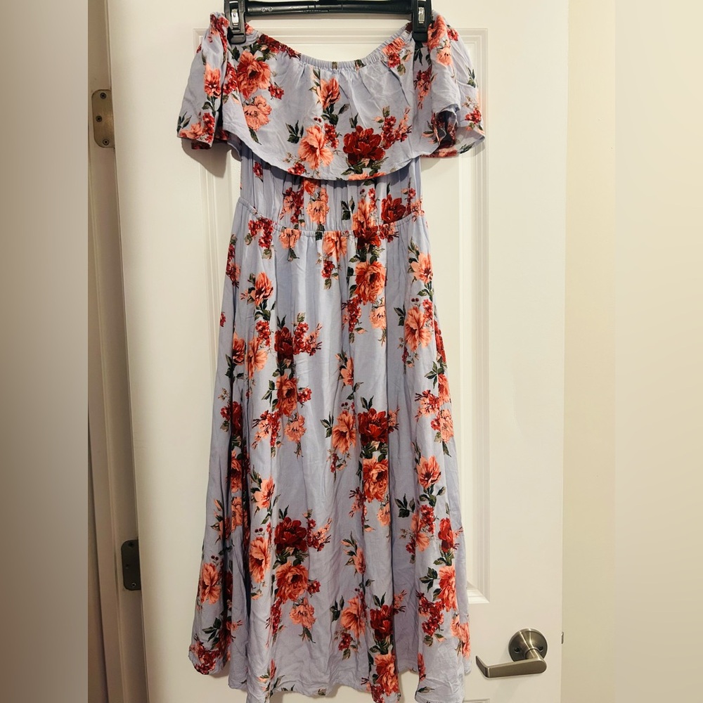 BP Off-Shoulder Floral Dress in Pink, Red and Blue